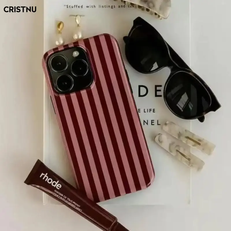 Magnetic Case Burgundy & Pink Stripe Phone Case for iPhone 17ProMax,16, 15, 14, 13ProMax, 12, 11,17air,16e.,Glossy Slim Tough Cover, Protective Gift for Him or Her |     Lover’s Phone Case