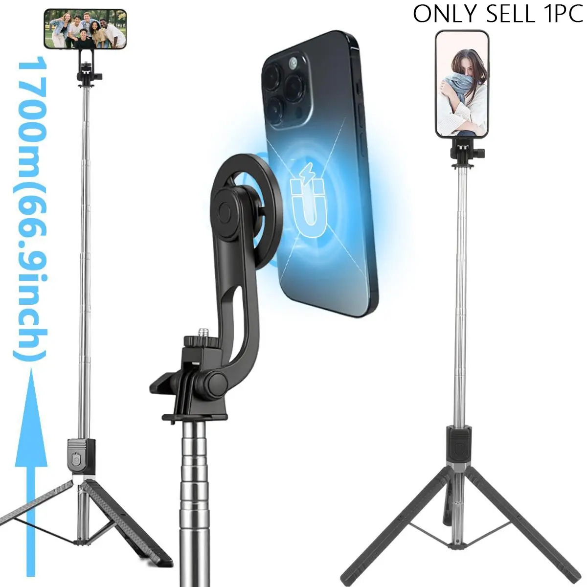 Magnetic Quick-Release Selfie Stick Tripod with Wireless Remote, Universal Metal Plate, Compatible with iPhone 16 Pro Max & Samsung S24