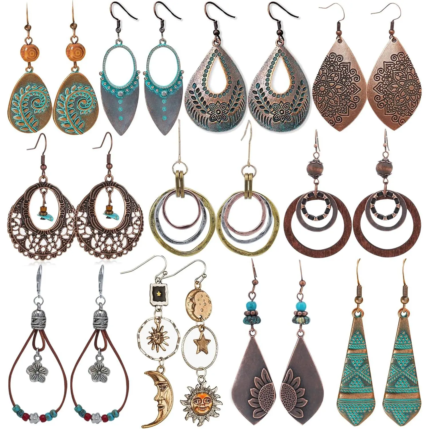 11 Pairs  Drop Dangle Earrings for Women Boho Earring  Set Retro Flower Dangly Earring Teardrop Sun and Moon Earrings for Mother's Day Christmas