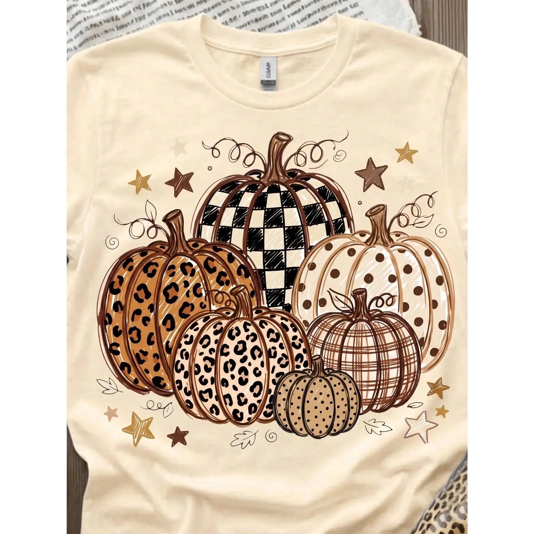 Women's Cotton Round Neck Casual Sports Top, Autumn Pumpkin-Leopard Print & Polka Dot Design