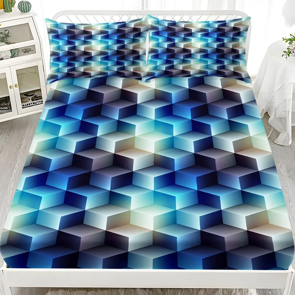 3-Piece Bed Sheet Set, Printed Fleece Mattress Protector, 1 Duvet Cover + 2 Pillowcases, Multi-Layer Square Print, Bedroom Essentials, Bed Linens, Bedding Sheets