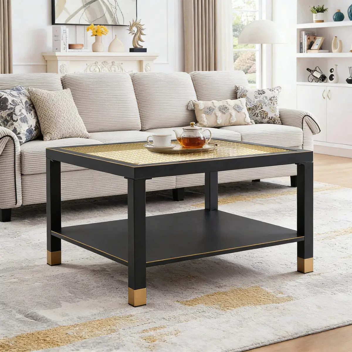 Industrial Square Coffee Table - 27.6" Matte Black Steel Frame & Gold Mesh Glass Top