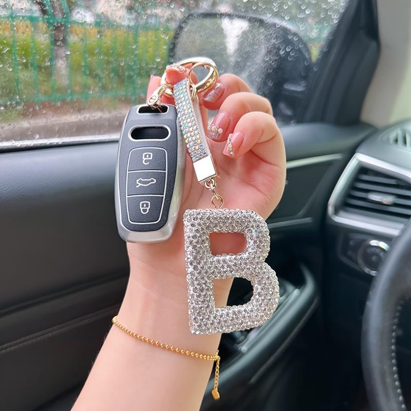 Dazzling Crystal Rhinestone Alphabet Keychain, Elegant Letter Key Ring, Bling Car Key Accessory for Women with Bag Charm keyring