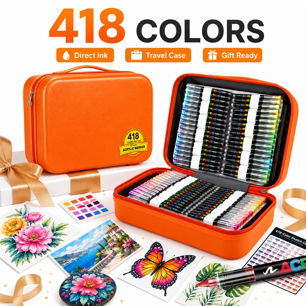418 Colors Acrylic Marker Set, Suitcase Design, Portable No-Press Markers, Ideal for Students, Art, Crafts, Canvas, Wood, Plastic
