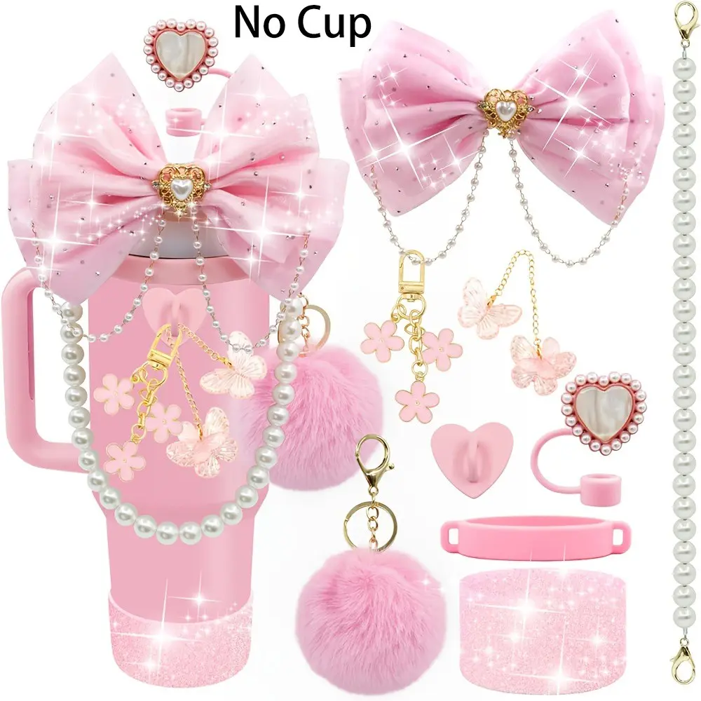9pcs Bling Cup Accessories for 40/30/20 Oz Tumbler, Glitter Bow Straw Topper, Heart Straw Cover, Pearl Handle Strap, Pom-Pom, Keychain Charms, Straw Toppers for Tumblers