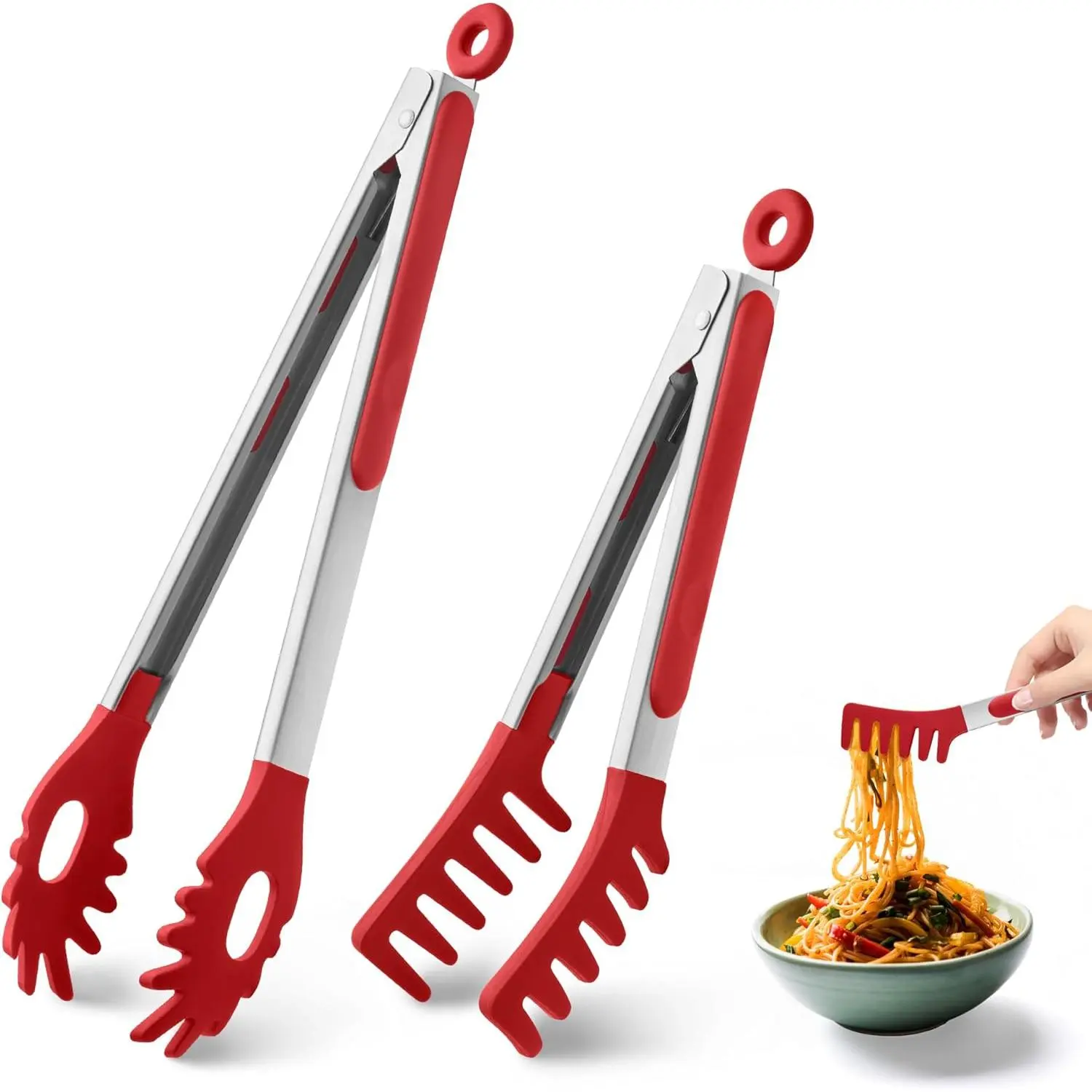 2 PCS 9-Inch & 12-Inch Heat Resistant Non-stick Silicone Pasta Tongs With Teeth Spaghetti Server for Serving Food Cooking Salad Spaghetti Noodle (Red)