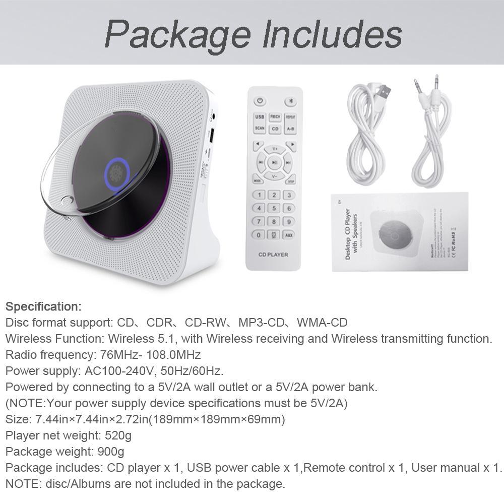 MEGICOT Portable CD Player, Desktop Vertical MP3 Music Player with Built in Speaker, Bluetooth-compatible CD Player with Speakers, Remote Control, FM Radio, USB Flash AUX, DVD, Audio Player, Digital Products