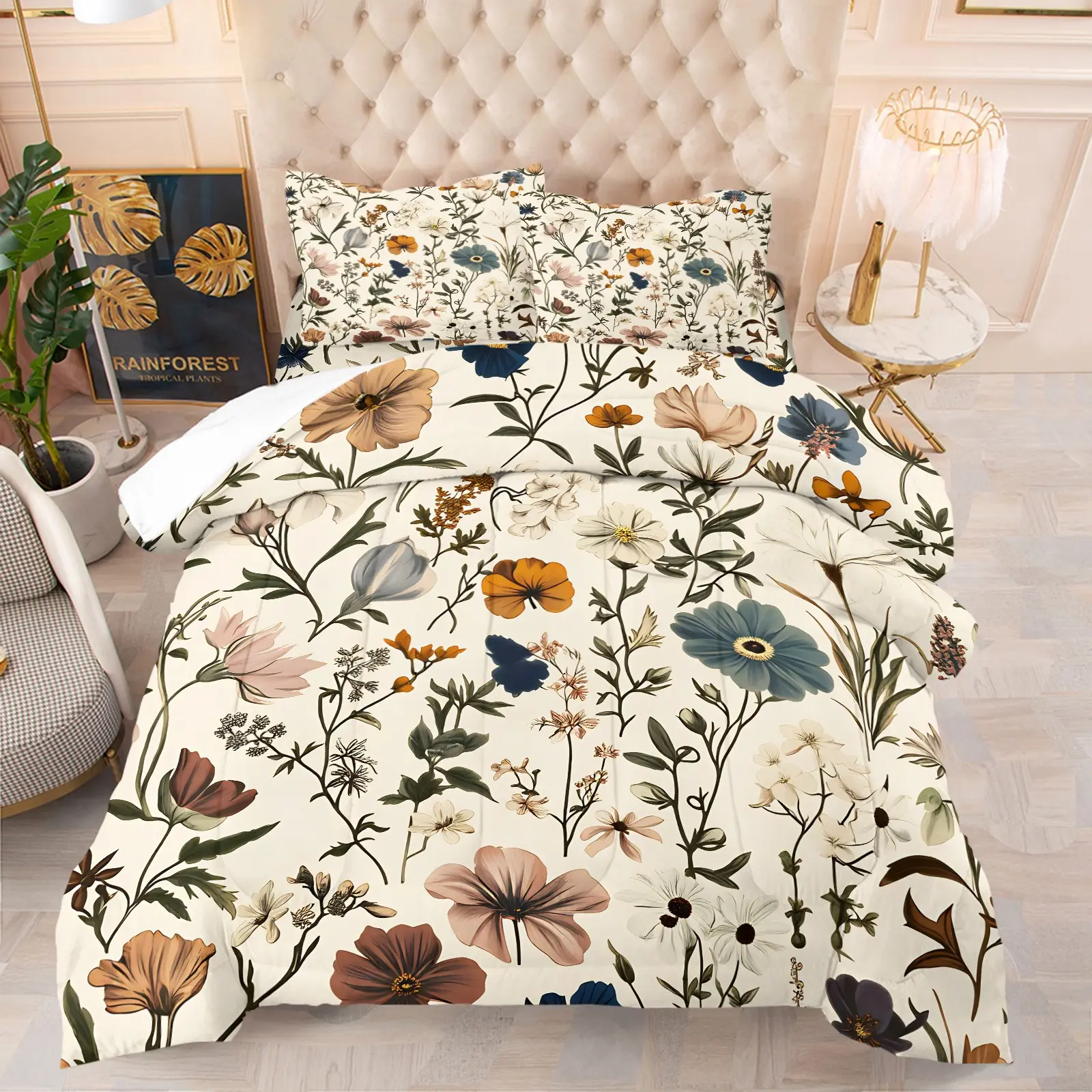 Earthy Tone Retro Botanical Floral Comforter Set (1 Comforter + 1-2 Coreless Pillowcases), Soft Comfy Durable Washable, All Season Microfiber Fabric, Hand Drawn Mixed Wildflower Pattern Bedding Decor for Teen Girls Dorm Apartment