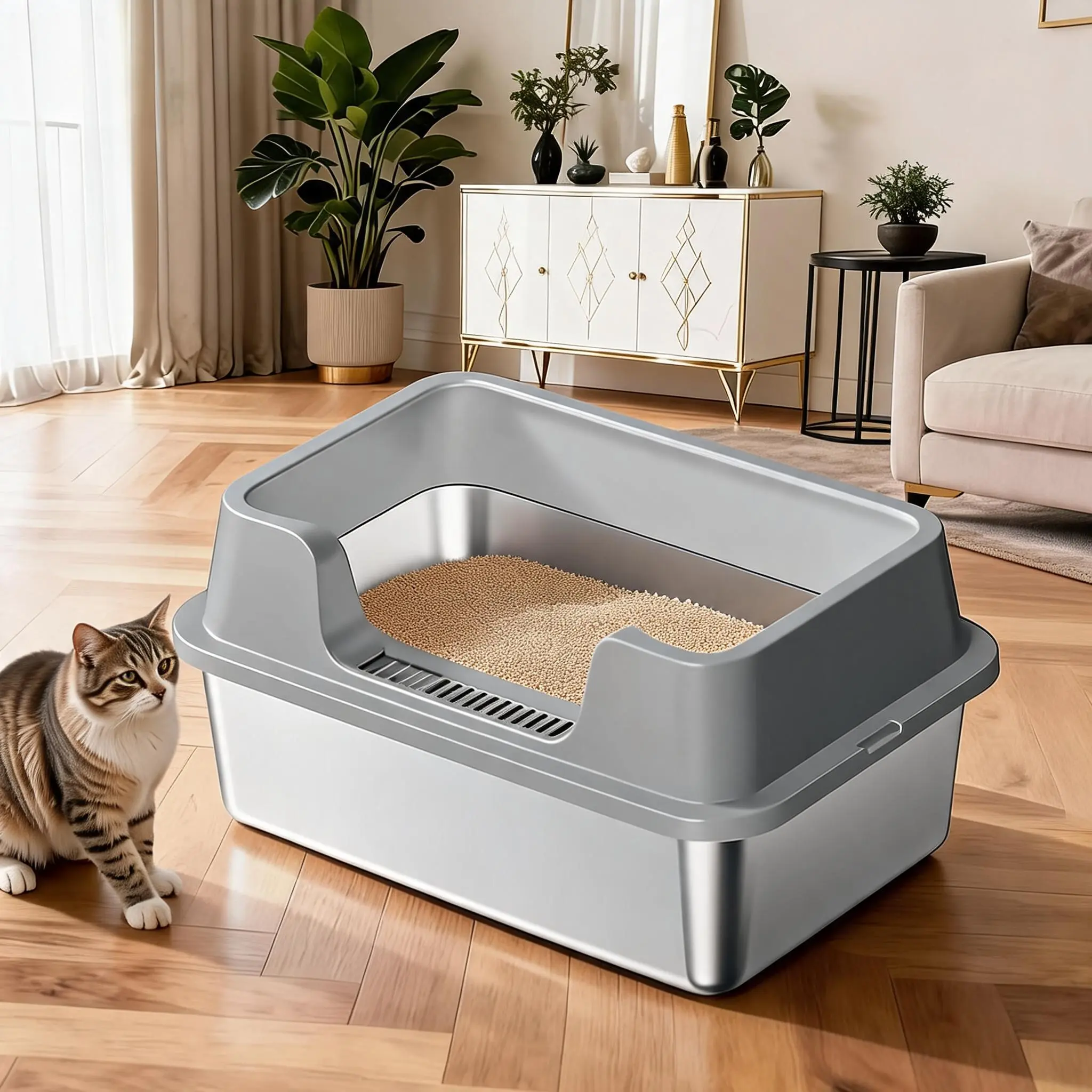 Garvee Extra Large Stainless Steel Cat Litter Box, High Sided Enclosed Cat Toilet with Odor Resistant & Non-Stick Surface, Anti-Leak Design and Non-Slip Base, Comes with Cleaning Scooper, Ideal for Multiple Cats & Rabbits