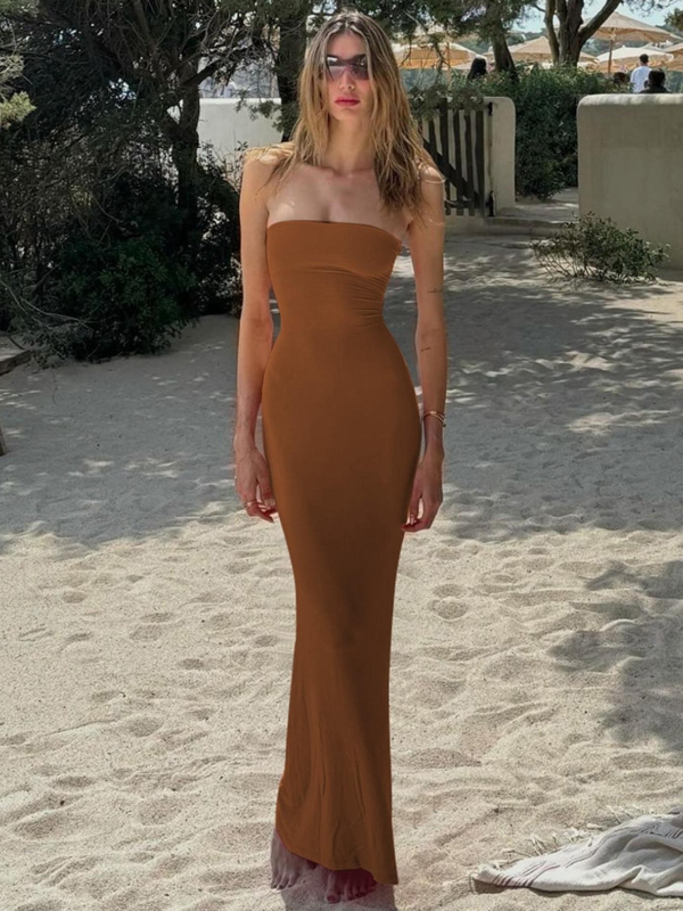 Women's Solid Backless Lace-Up Tie-Back Bodycon Dress, Elegant Fashion Maxi Tube Dress for Parties, Clubs and Dates, Ladies Strapless Prom Dress for Summer