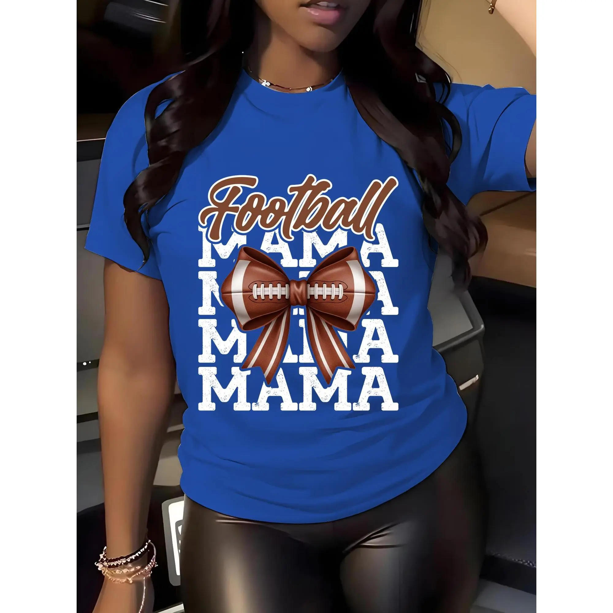 Women's Football Mama Smooth Soft Cotton Fabric Round Neck Short Sleeve T-Shirt - All Over Bow Graphic Print, Vintage Distressed Lettering, Relaxed Fit, Game Day Tailgating Sports Apparel