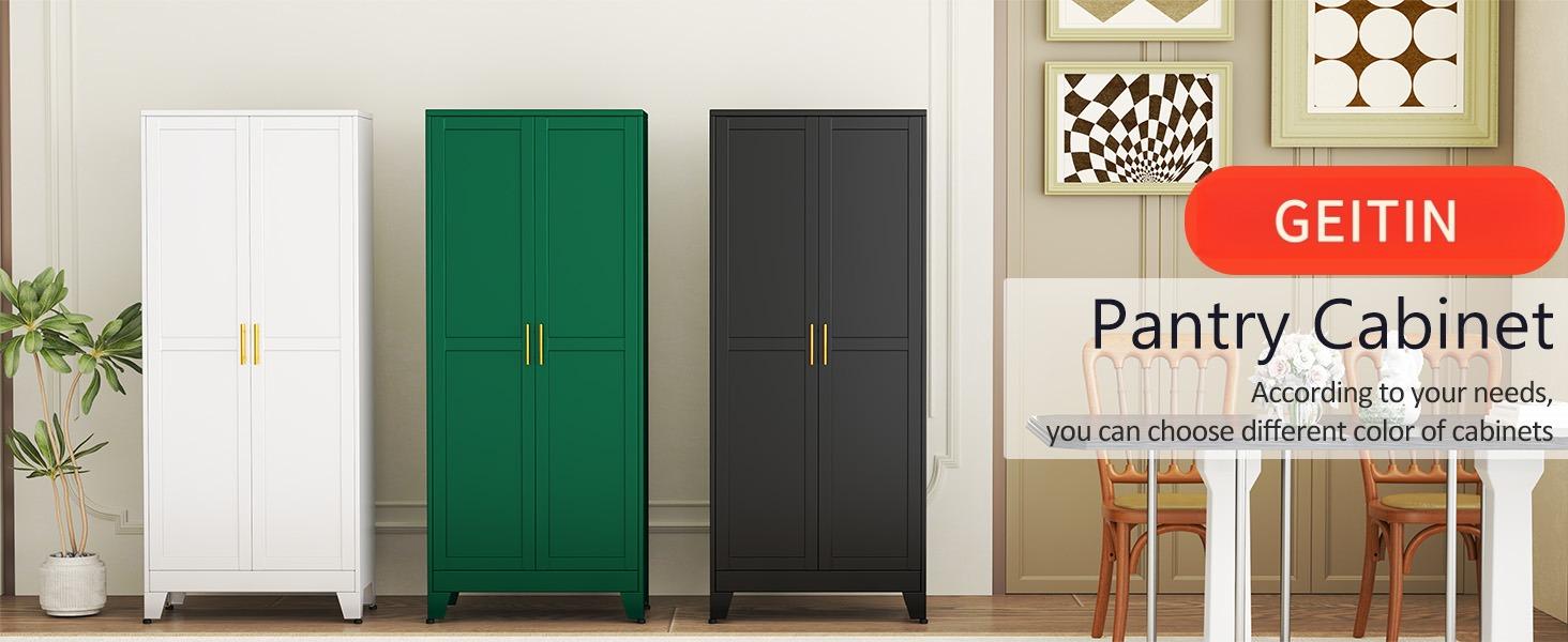 Metal Pantry Cabinet with 2 Doors and Adjustable Shelves - 71" Kitchen Storage Cabinet with Gold Handles - Versatile Storage for Kitchen, Bathroom, Dining Room, Utility Room - White