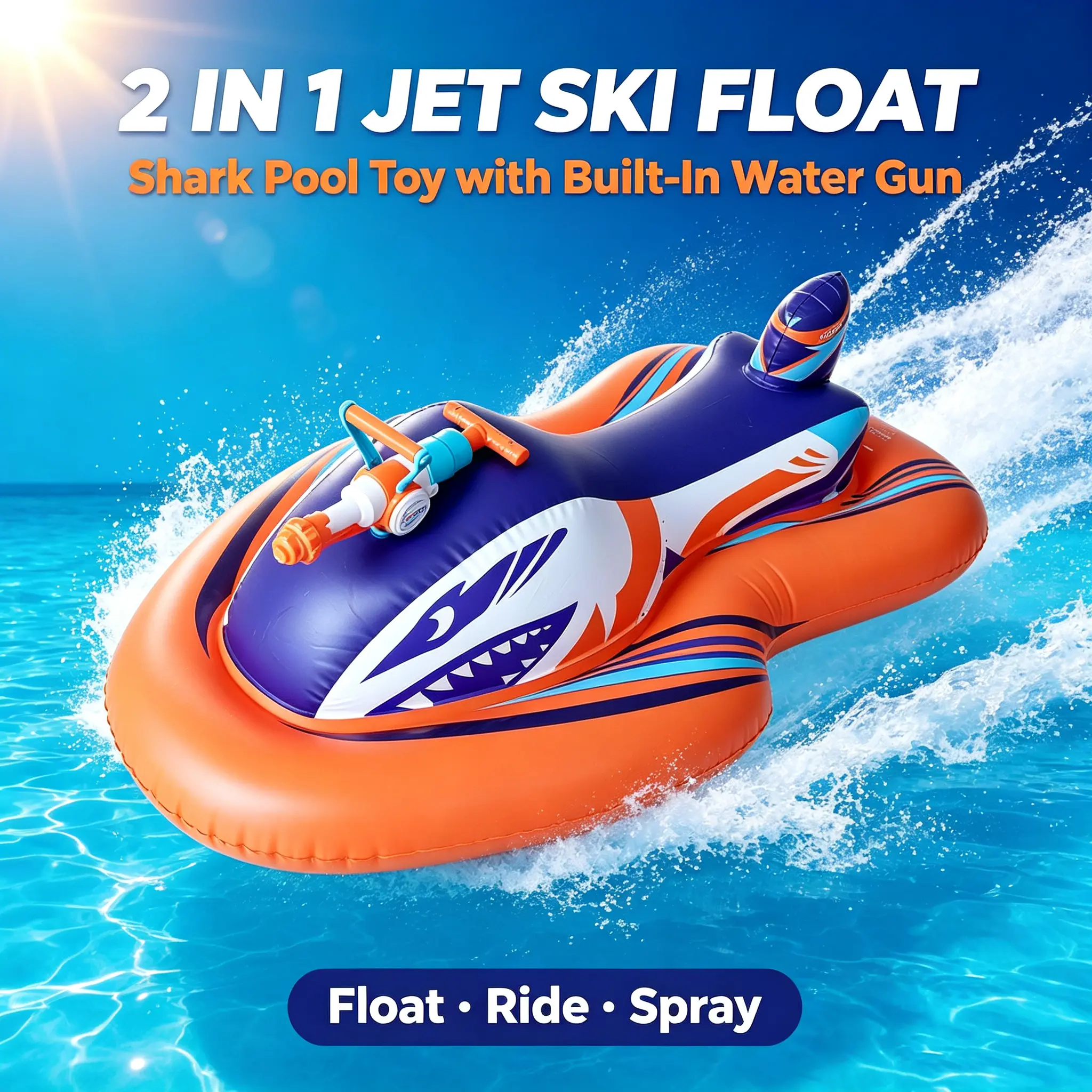 Kids' 2-in-1 Inflatable Shark Pool Float Toy - Built-in Water Gun, Anti-Roll Wide Body, Jet Ski Design, Foldable Thick PVC, for 3-12 Years Old, Beach & Lake Water Sports Accessory