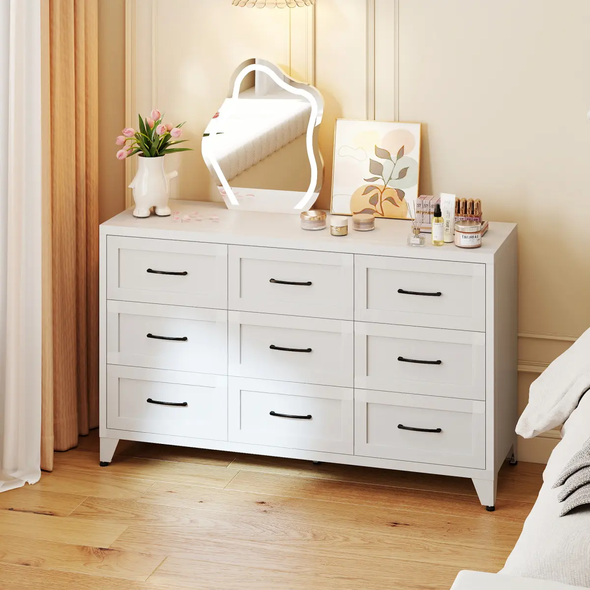 52 Inch Low Profile Dresser, Waterproof Powder Coated Steel Storage Chest, Anti-Tip Wide Dresser Organizer for Bedroom Entryway Metal Frame Fabric Tower unit versatile large