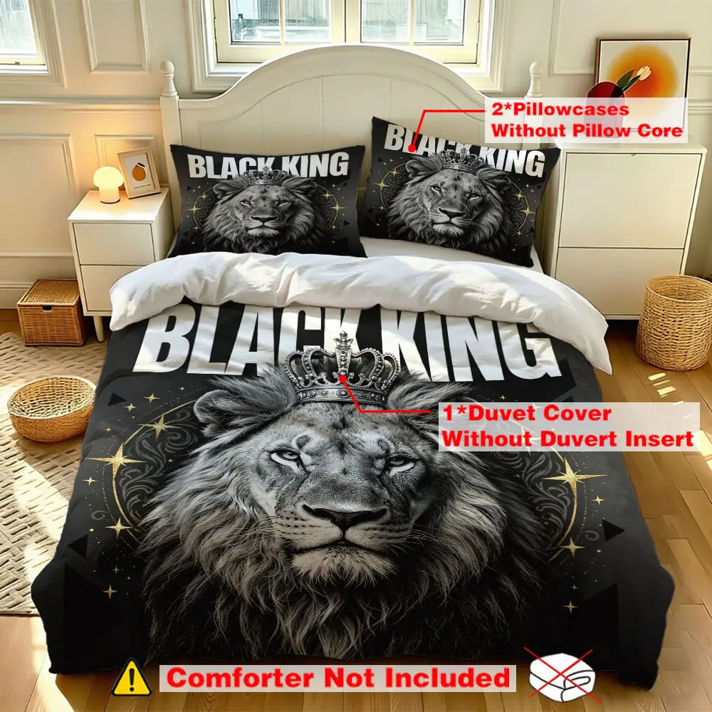 A three-piece bedding set (1 bedspread + 2 pillowcases without inner cores) with a lion pattern and the BLACK KING slogan. This bedding set is suitable for a variety of occasions, such as bedrooms, hotels, dormitories, and children's rooms, and it'