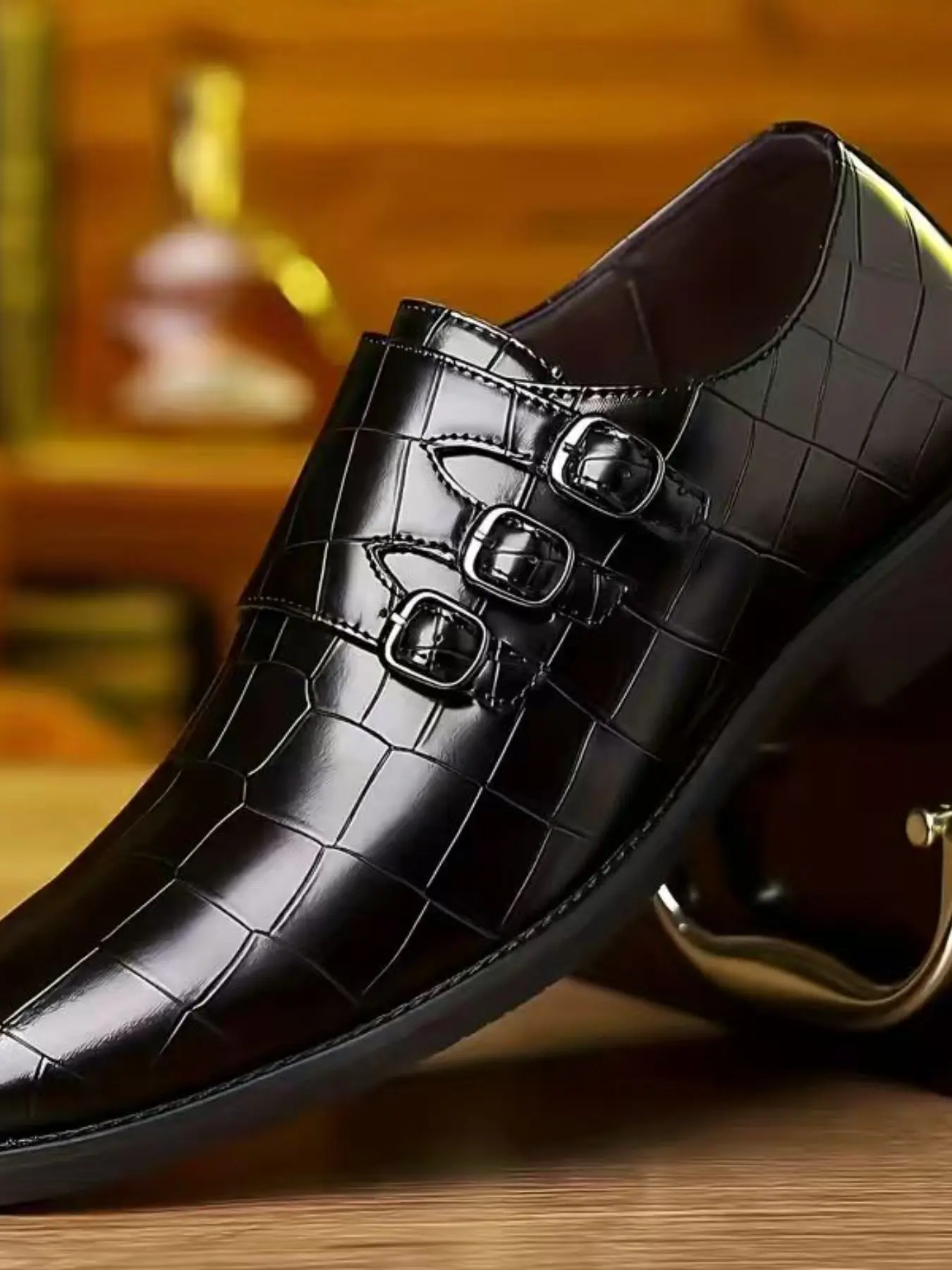 5657 Three Buckle Crocodile Pattern Monk Strap Dress Shoes, PU Leather, Rubber Sole, Casual Style, All Seasons, Above Ankle