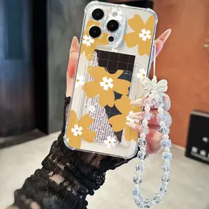 Mustard Yellow Floral Pattern Phone Case Y2K Aesthetic Shockproof Cover with Card Slot Beaded Strap for iPhone11-17promax IPhone11/12/13/14/15/ Promax16/16Promax/16pro/16plus