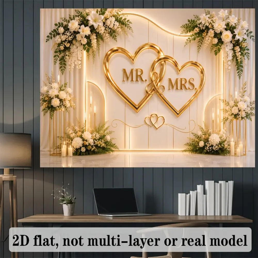 Wedding Backdrop - 2D Flat HD Digitally Printed Polyester Banner, Warm Neutral Glam Theme, Golden Hearts, Elegant White Florals, Soft Lightweight Foldable Indoor Cloth for Indoor Use