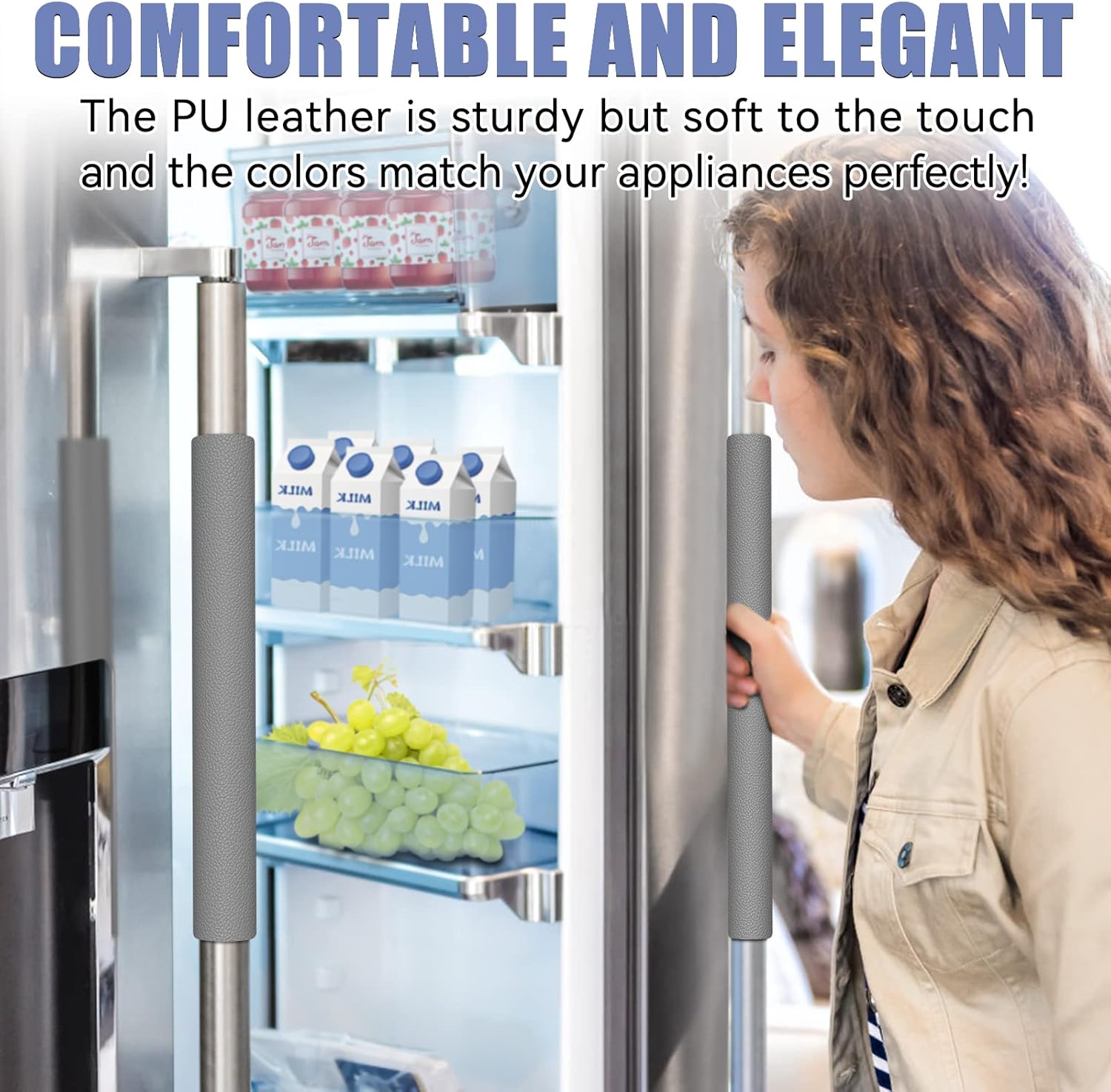 Refrigerator Door Handle Covers, 5 count, Leather Kitchen Appliance Handle Covers Keep Your Fridge Microwave Oven Stove Dishwasher Clean, Save Your Time, Trimmable and One Size Fits All (Gray)