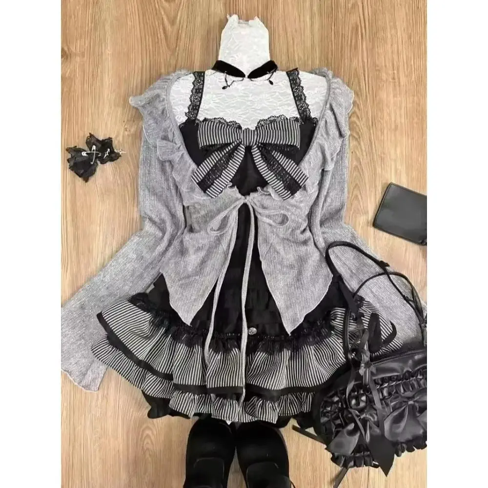 Japanese Sweet Preppy Style Skirt Set Women Kawaii Lace Patchwork Bow Tops + Y2k Plaid Mini Skirt Elegant Outifits 2 Piece Set