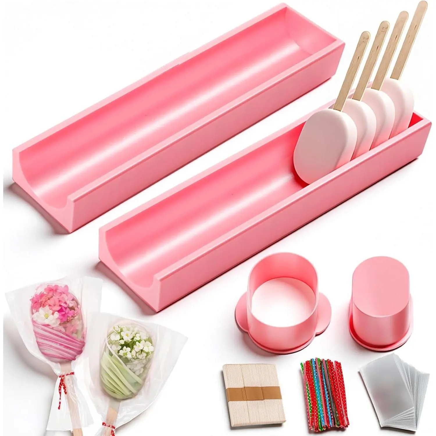 Cakesicle Cutter, Cakesicle Mold Set with 2 Tray (9in), Cake Pop Mold with 200 Sticks, 200 Bags and 200 Ribbons, Baking Tools for Christmas Home Birthday Party Wedding Desserts