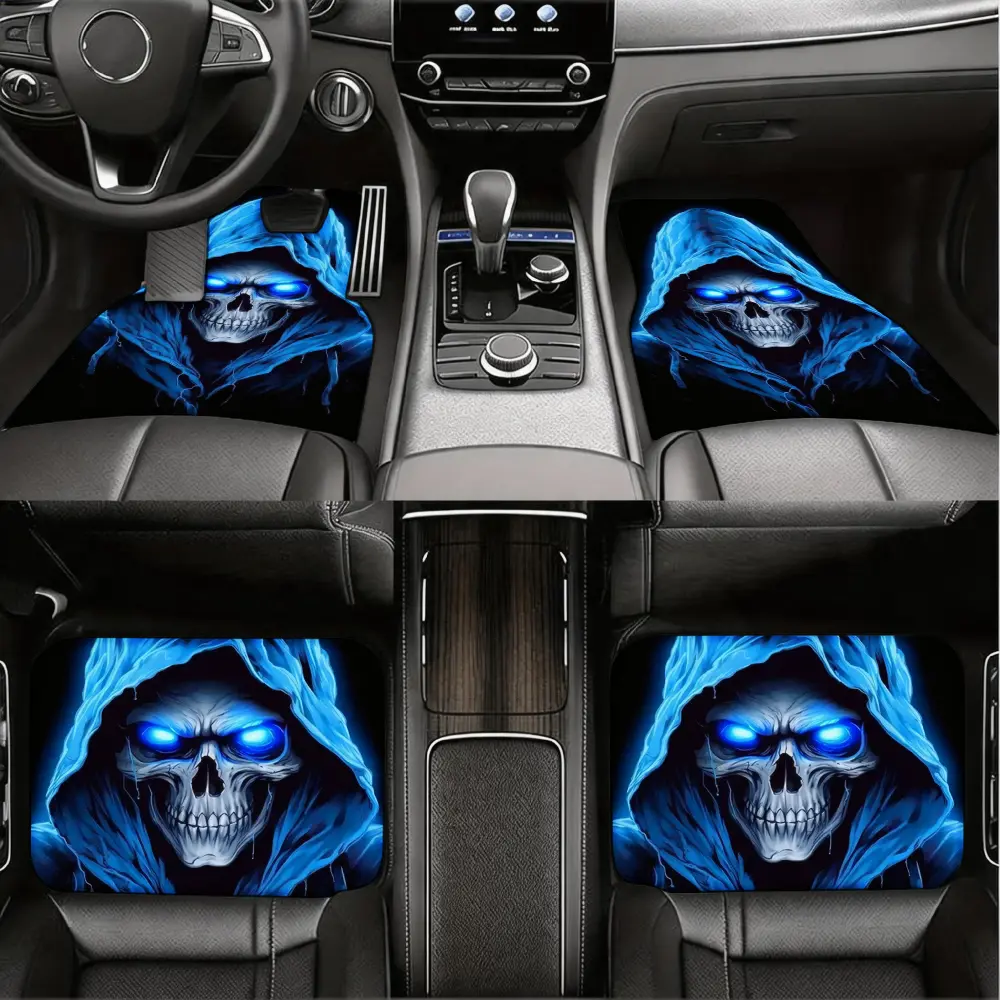 Gothic Style, Car Floor Mats, Glowing Blue Skull Hooded Design, Non-Slip Rubber Backing With Durable Fabric Surface, Universal Fit For Sedans And SUVs Drivers Seeking Edgy Interior Customization, 4-Piece Set Including Front And Rear Mats