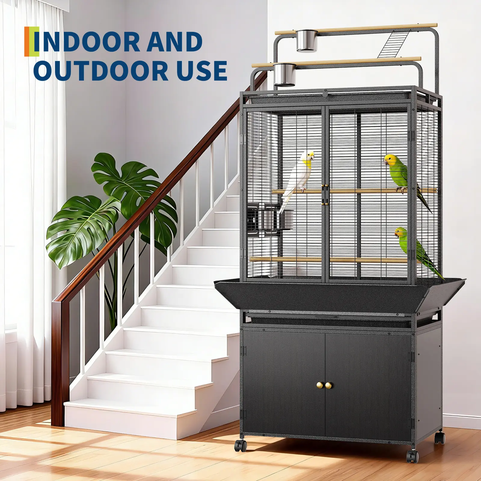 Spacious Rolling Bird Cage with Play Top & Storage Cabinet – Sturdy Metal Flight Cage for Parrot, Macaw, Cockatiel, Budgie – Includes Stand & Wheels – Indoor/Outdoor Use – Black + Dark Walnut, 75×46×182cm