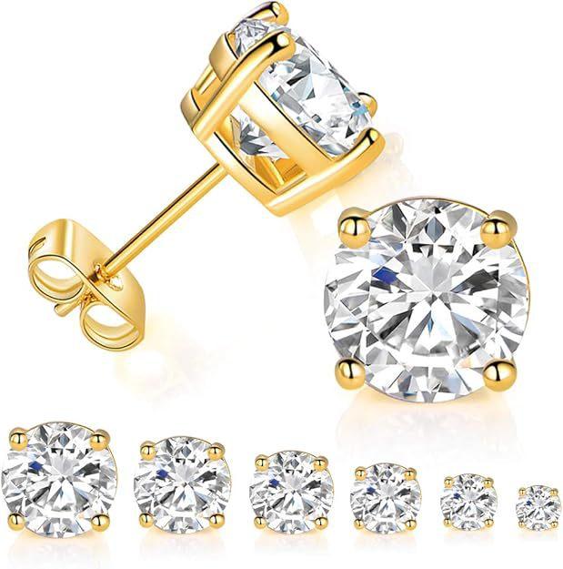 Elegant Gold Plated Cubic Zirconia Earrings With Free Jewelry Box Pack 6 Pairs for Men & Women Round & Princess Cut Unisex Fashion Jewelry Gift 4mm 6mm 8mm Sizes with Free Jewelry Box Moissanite Stud Hip Hop Zircon Clip