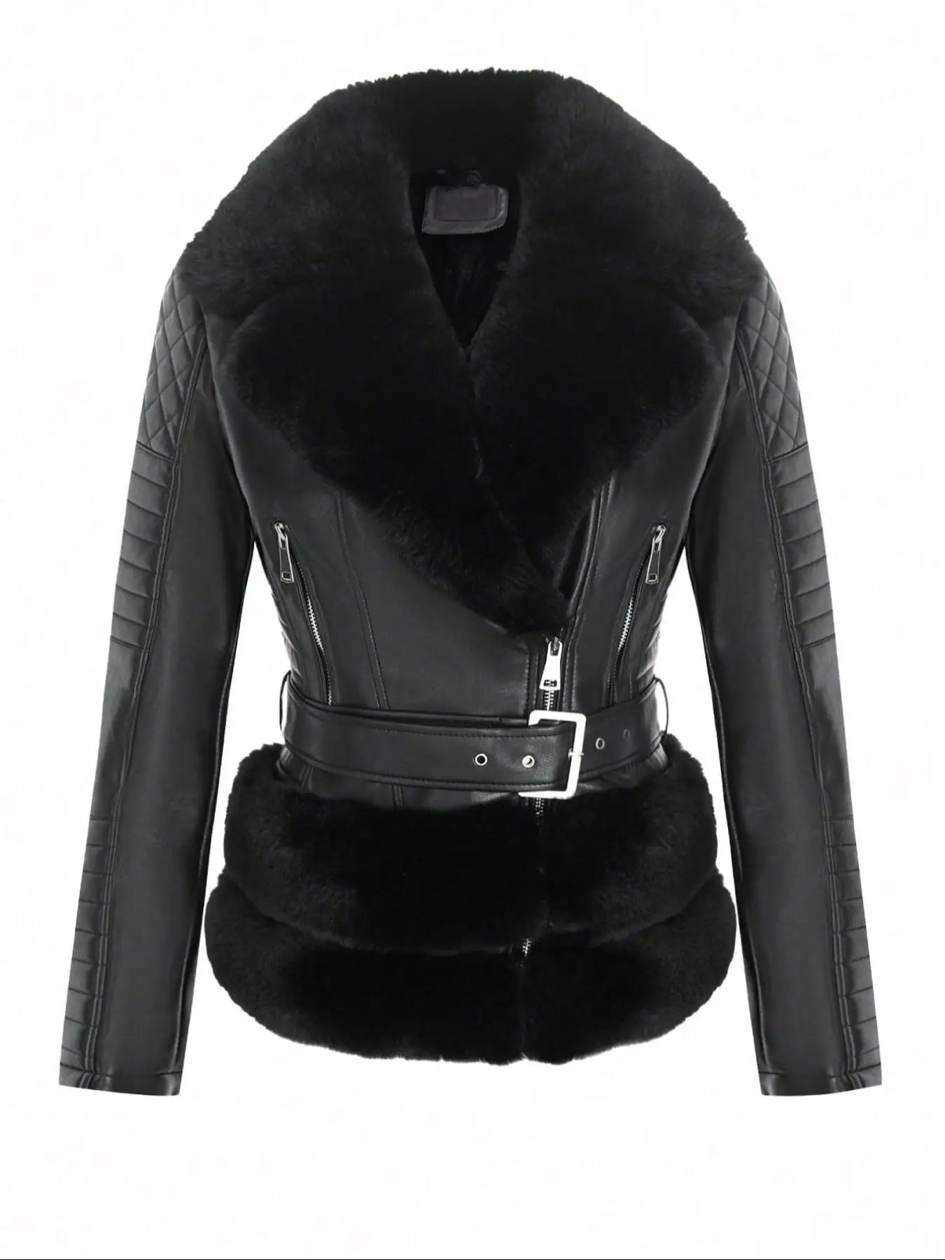Women's Faux Leather Jacket, Casual Fall & Winter Coat, Thick Woven Fabric, Adjustable Waist Belt, Warm Daily Wear Outerwear