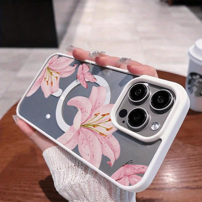 Pink Lilies Magnetic Phone Case for iPhone 17/16/15/14/13/12 Pro Fashionable Pattern Design Transparent Shockproof Classic Gift Ultra-Thin Protective Smartphone Cover Lotus