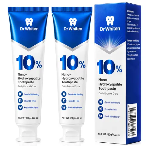DrWhiten 10% Nano Hydroxyapatite Toothpaste - Fluoride-Free, 4.23 fl oz (120g), Sensitive Safe, Deep Cleaning Enamel Care, Gentle Whitening, Fresh Mint Breath, Twice Daily Use