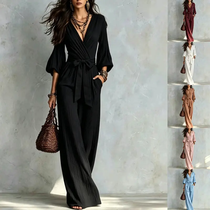 Women's Modest Islamic 2026 Fall Deep V-Neck Puff Long-Sleeve Self-Tie Waist Wide-Leg Jumpsuit - Elegant Flowy Romper for Party, Vacation Wear