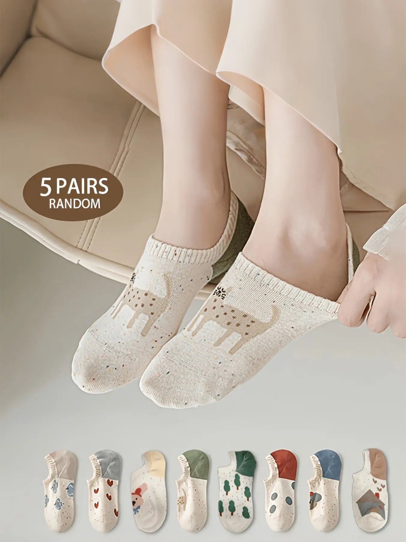 Women's 5-Pair Surprise Ankle Socks, Breathable Ruffle Trim Low Cut Socks, Cute Cartoon Animal Mystery Pack, Soft Casual Wear