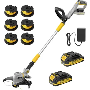 12" 21V String Trimmer Cordless, 2 in 1 Trimmer and Edger with Automatic Line Feed, -Speed Modes, 2 X 2.0Ah /1 X  Charger/6 X  Spools, for Lawn, Yard, Garden, etc, Yellow