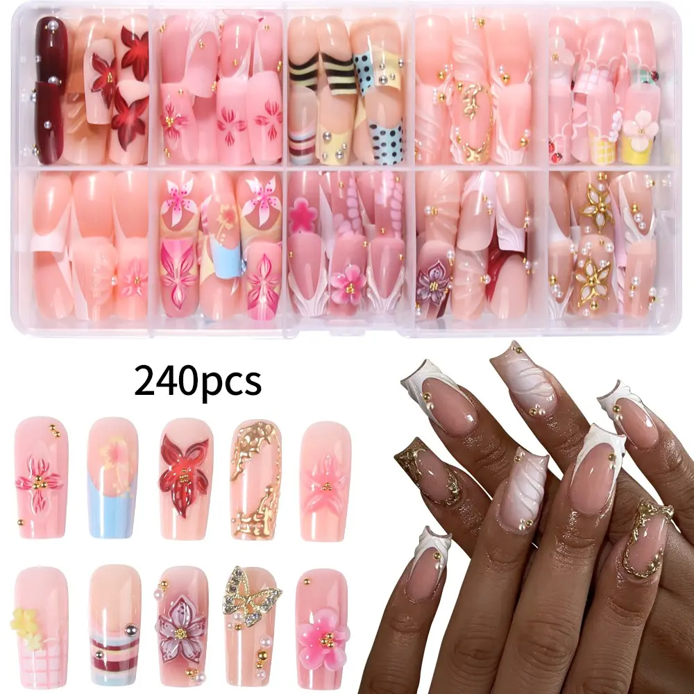 240pcs Long Square Press-On Nails, 3D Gel Flowers, Pearl Rhinestones, Acrylic False Nails, Decorative Nails, Easy to Wear, Perfect for Parties and Daily Use