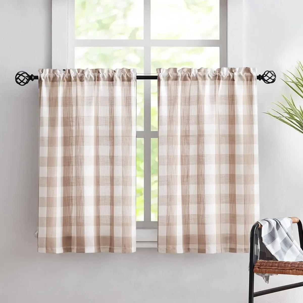 Plaid Country Kitchen Curtains 24inch Taupe Tier Curtain Set for Basement Laundry Small Windows Semi Sheer Bathroom Window Curtains 27" W x 2 Pcs