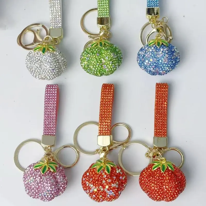 halloween full rhinestone clay pumpkin keychain bling diamond wrist lanyard bag charm phone case pendant holiday gift for women teen girls party favor