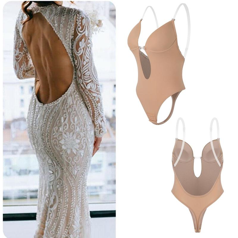 Women Shapewear Backless Body Bra Shaper Deep Plunge Low Back Open Crotch Shapewear for Wedding Party Daily Use , Ladies Shapewear Strapless Deep U Plunge Bodysuit for Women Tummy Control Built In Bra Low Back Body Shaper