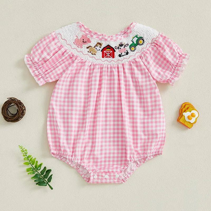 Baby Girls Romper, Short Sleeve Crew Neck Plaid Embroidery Infant Bodysuit Summer Clothes