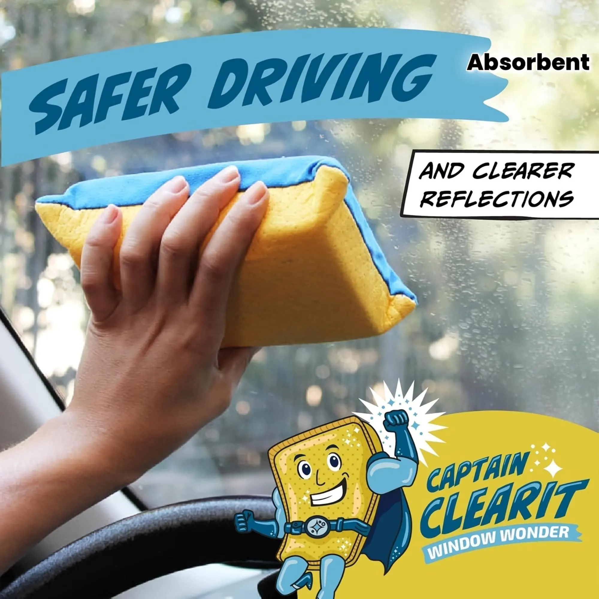 Captain Window Miracle Large Polyester Sponge Pad - Super Absorbent, Anti-Fogging, No-Trace Easy-Clean Windshield Cleaning Tool, Indoor/Outdoor Universal Optimistic Design Car Care Accessory