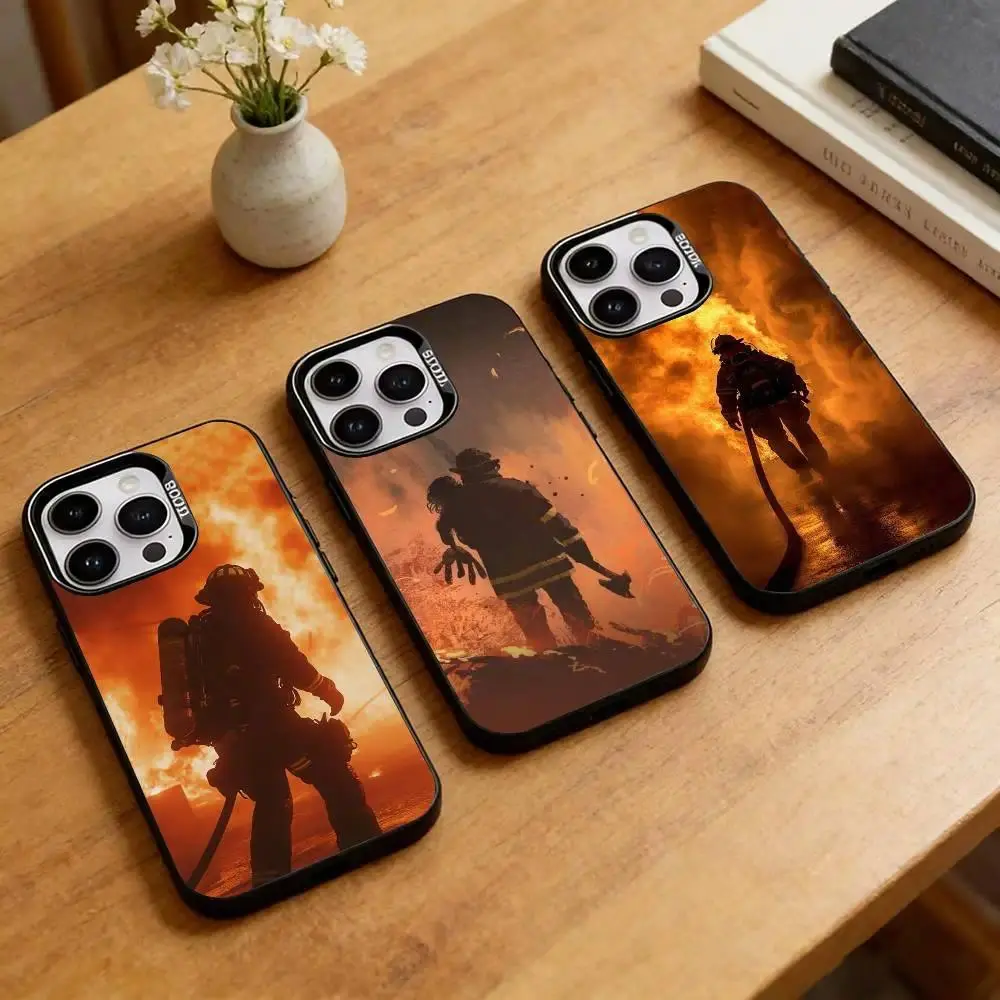 Firefighter Rescue Fire Department Smartphone Casing, Colorful Silver-Plated Handheld Cellphone Cover, Shockproof Protective Case for iPhone 11-17 Pro Max/Plus & Samsung Galaxy S23-S25 Devices, Accessories