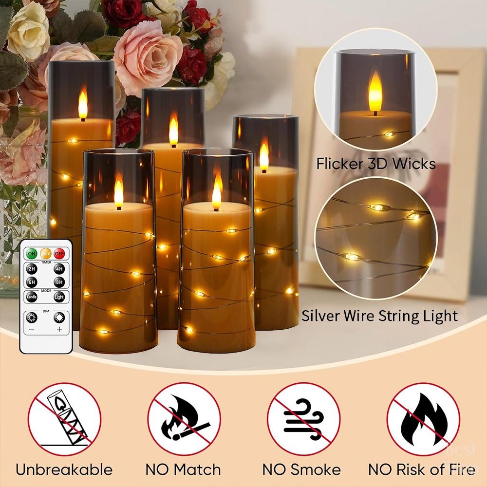 5pcs Flameless LED Candles with Embedded Star String, Battery Operated Acrylic Pillar Candles with Timer and Remote, Flickering Candles for Romantic Ambiance and Home Decoration Mood Decorative,Valentine's Day, Mother's Day