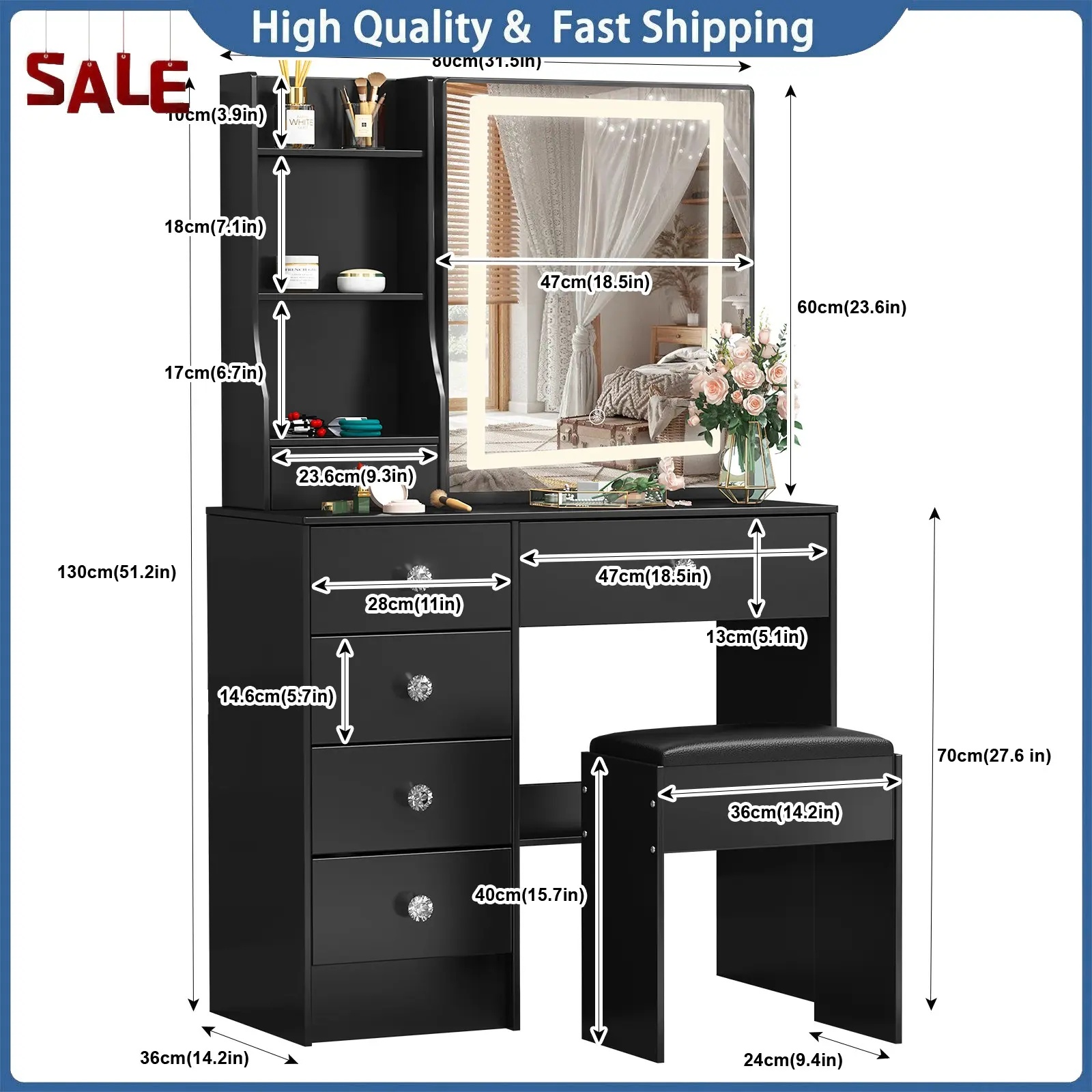 Black Makeup Vanity Desk with LED Sliding Mirror and Stool, 6 Drawers, 3 Color Modes, Dressing Table Set for Bedroom