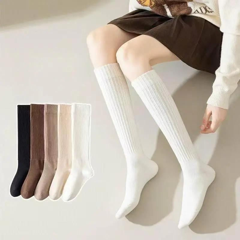 Women's 5-Pair Thick Cute Slim-Fit Solid Color Calf Boot Socks with Side Stripes, Textured Casual Lady Socks, Baroque Glamorous Funky Fashion Basics, Machine Washable Fall-Winter Necessities