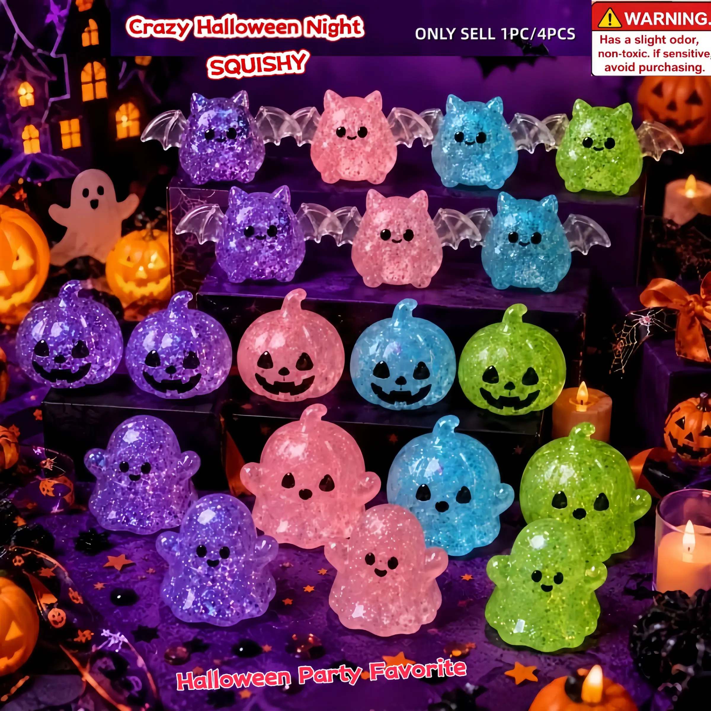1/4Pcs Halloween Themed Squishy, Soft TPR Squishies, Bat Pumpkin Ghost Squeeze Fidget Toy, Kids Sensory Finger Toy, Classroom Prize, Back-to-School Gift, Office Stress Relief Toy, Party Favor, Birthday & Holiday Gift, Random Style & Color