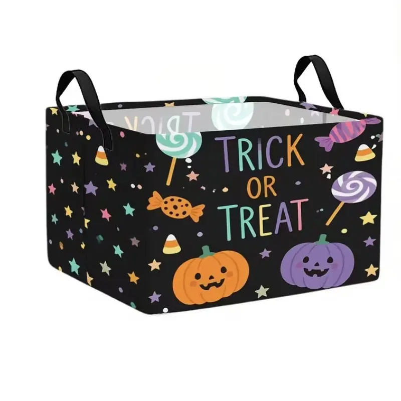 1pc, Collapsible Canvas Open Storage Basket with Black Base & Pumpkin Candy Star Pattern - Suitable for Halloween Decor, Laundry Basket, Shelf Organizer Bin for Clothes,, Snacks,, Bedroom - Basket for Home Use