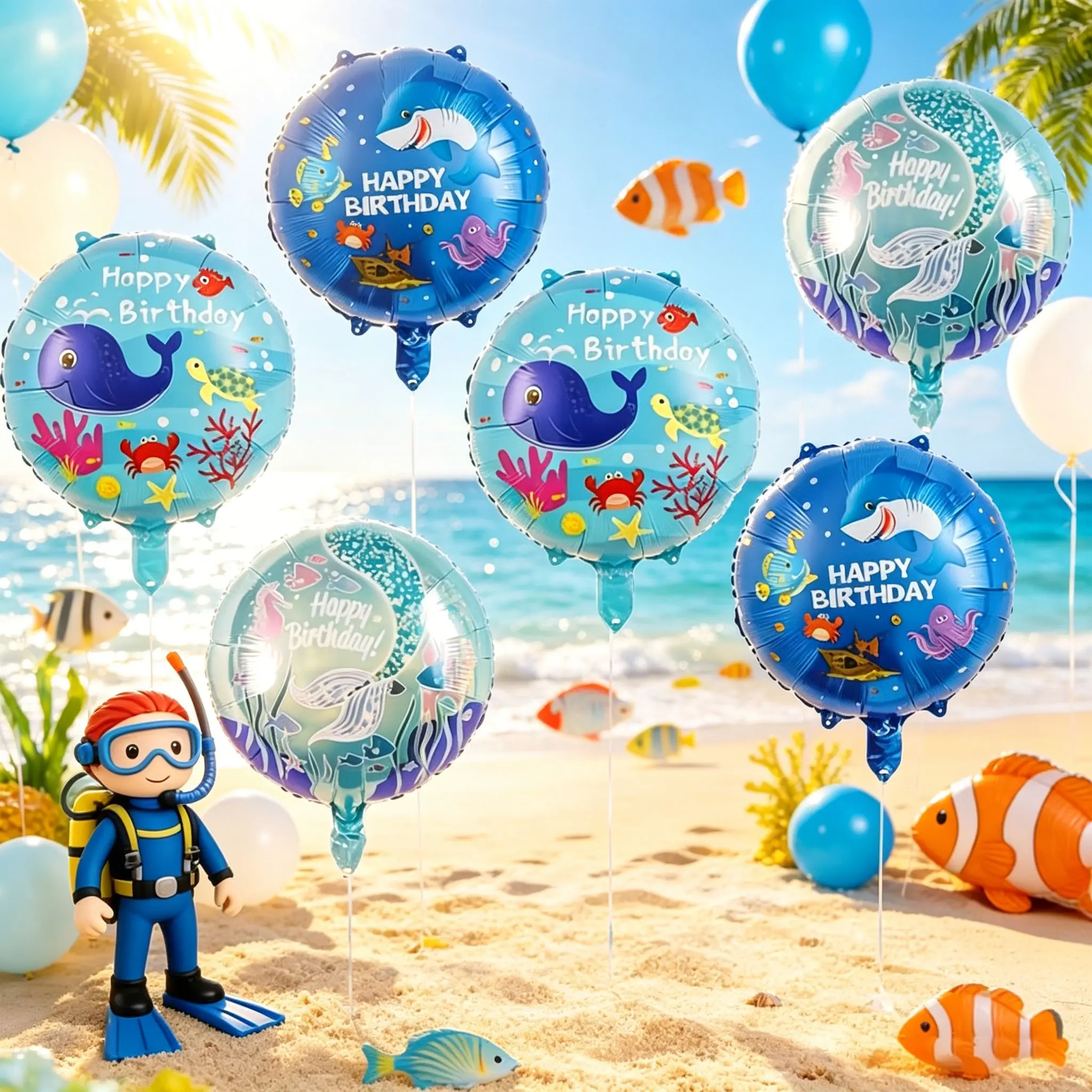 8 Ocean-Themed Birthday Foil Balloons, Including Mermaid Tail, Deep Blue Shark, Light Blue Whale Designs，Ideal for ocean-themed birthday party decorations, underwater world-themed restaurant decorations, and summer beach parties