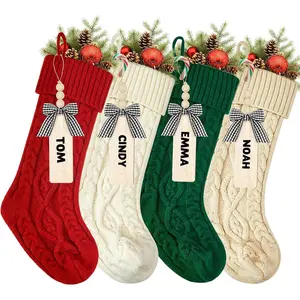 18 Inches Personalized Knit Christmas Stockings 4 Pack Ivory Red Green Khaki Set with Name Tags Neutral Xmas Decorations for Holiday Farmhouse Indoor Home Decor