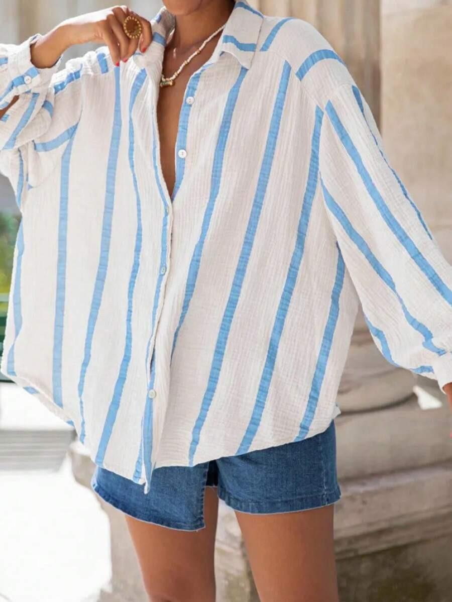 2026 European and American autumn and winter new long-sleeved button-up cardigan women's striped shirt women's vintage striped