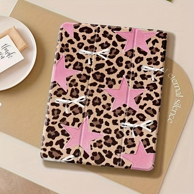 Leopard pink starfish pattern, with adjustable bracket and pen slot, foldable non-slip TPU protective case, suitable for iPad mini, iPad Air, iPad Pro/iPad 10th generation, 11th generation and other series iPad protective cases